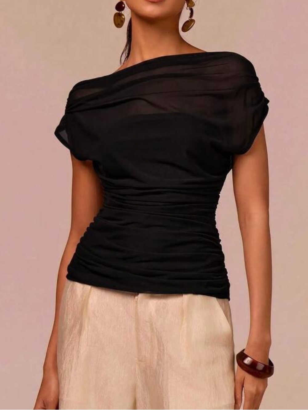 Black mesh asymmetrical Women’s Black Ruched Boatneck double layer Top
